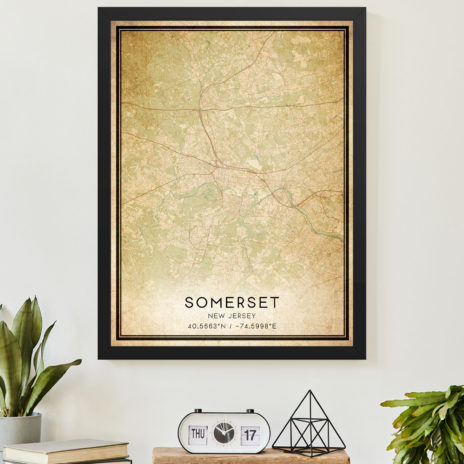 Vintage Somerset, New Jersey Map Poster, Modern Home Decor Wall Art Print