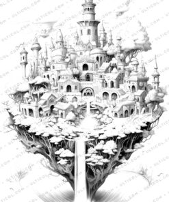 Enchanted Fairy Houses Grayscale Coloring Pages
