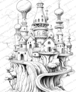 Enchanted Fairy Houses Grayscale Coloring Pages