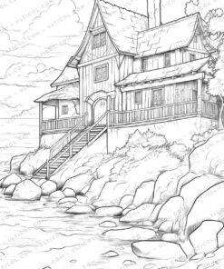 Beach House Grayscale Coloring Pages
