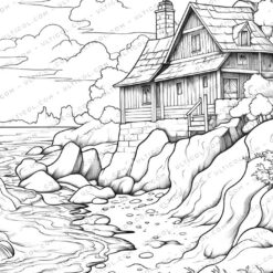 Beach House Grayscale Coloring Pages