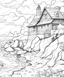 Beach House Grayscale Coloring Pages