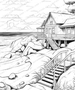 Beach House Grayscale Coloring Pages