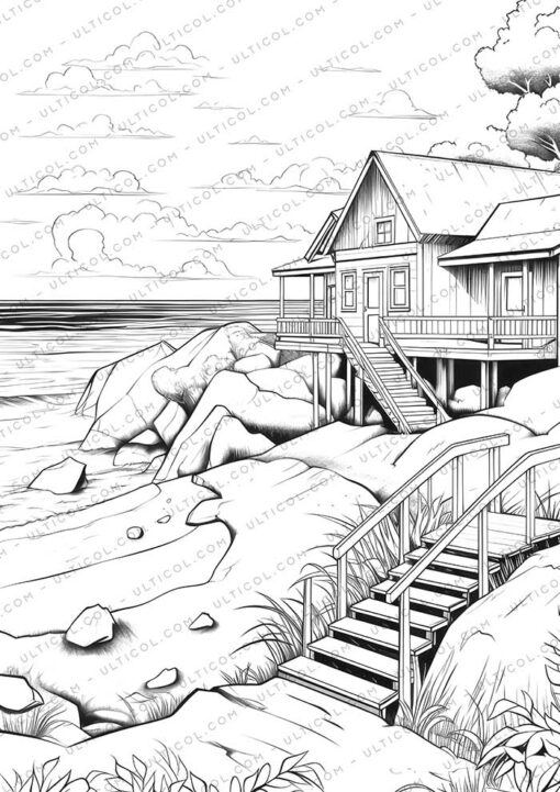 Beach House Grayscale Coloring Pages