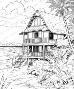 Beach House Grayscale Coloring Pages