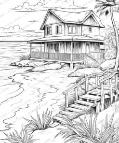 Beach House Grayscale Coloring Pages