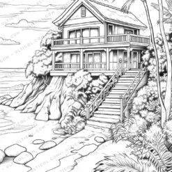 Beach House Nature Grayscale Coloring Pages