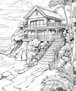 Beach House Nature Grayscale Coloring Pages
