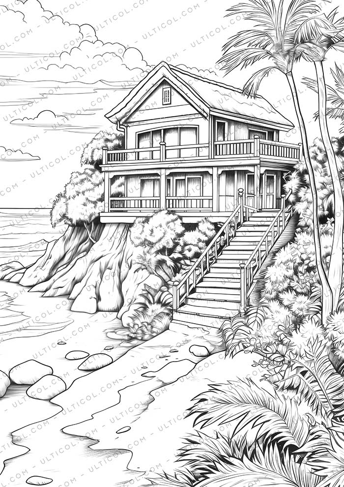 Beach House Nature Grayscale Coloring Pages