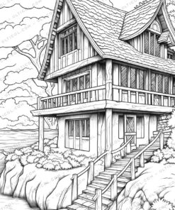 Beach House Nature Grayscale Coloring Pages