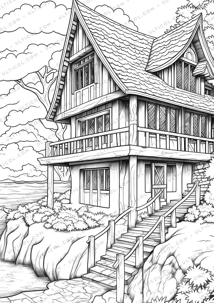 Beach House Nature Grayscale Coloring Pages