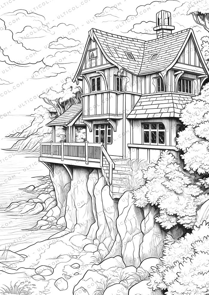 Beach House Nature Grayscale Coloring Pages