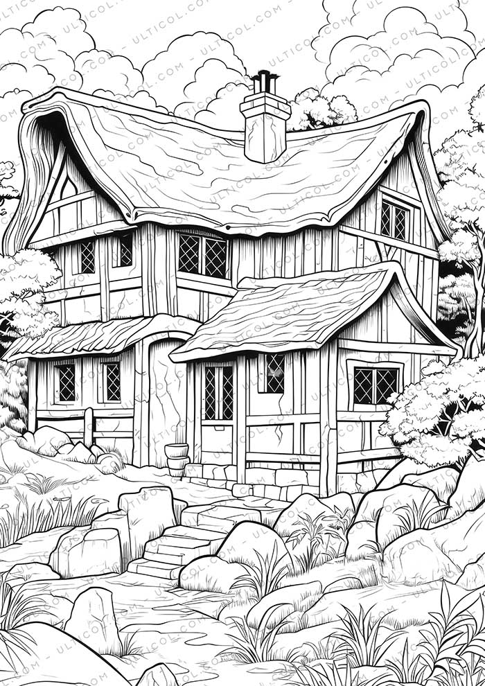 Tiny House Grayscale Coloring Pages