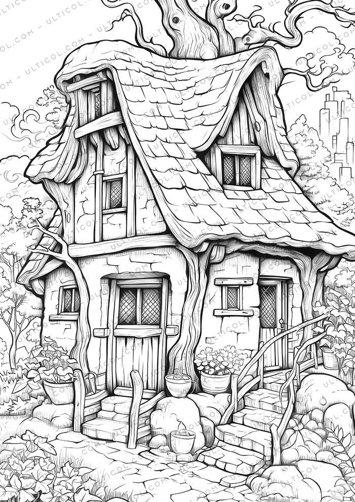 Tiny House Grayscale Coloring Pages