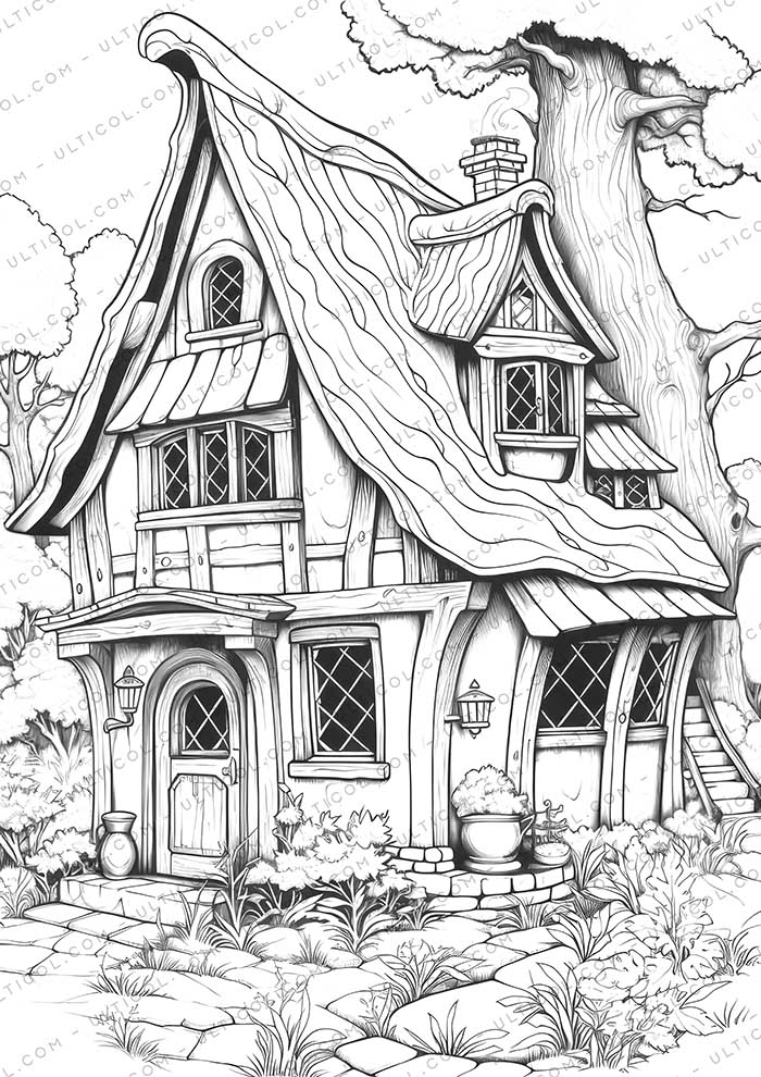 Tiny House Grayscale Coloring Pages