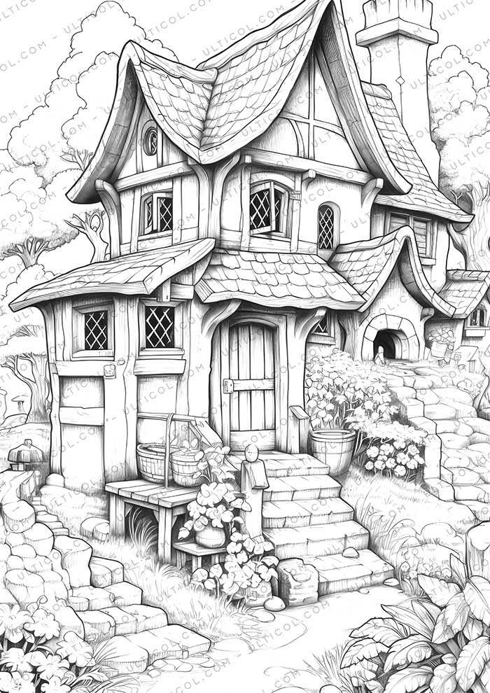 Tiny House Grayscale Coloring Pages