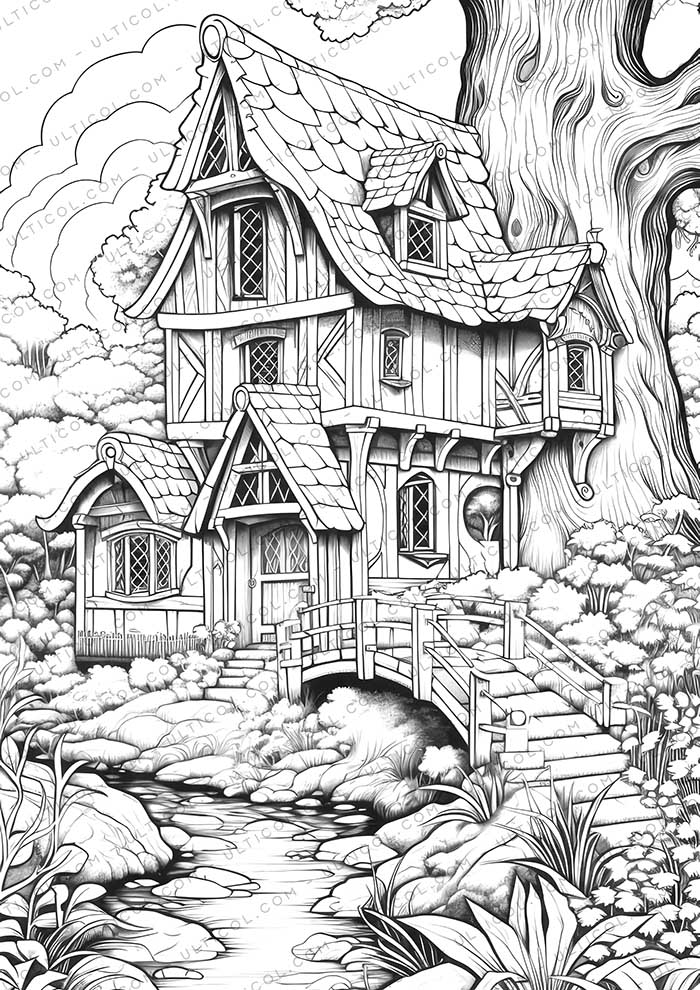 Tiny House Grayscale Coloring Pages