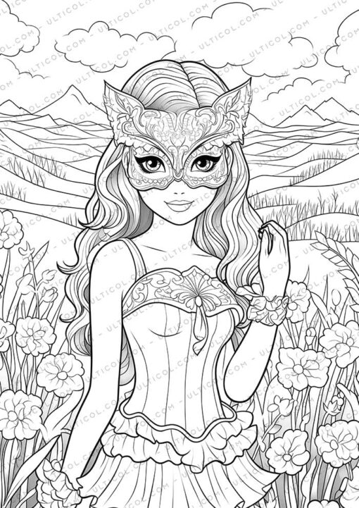 Girls in Carnival Mask Coloring Pages