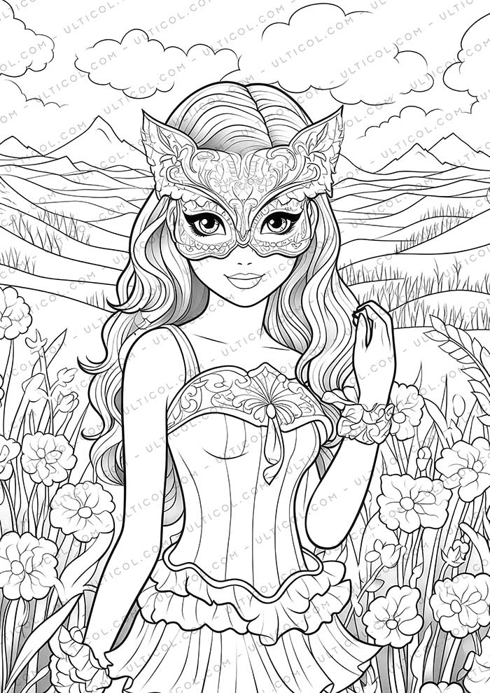 Girls in Carnival Mask Coloring Pages
