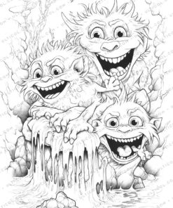 Cute Monsters Grayscale Coloring Pages
