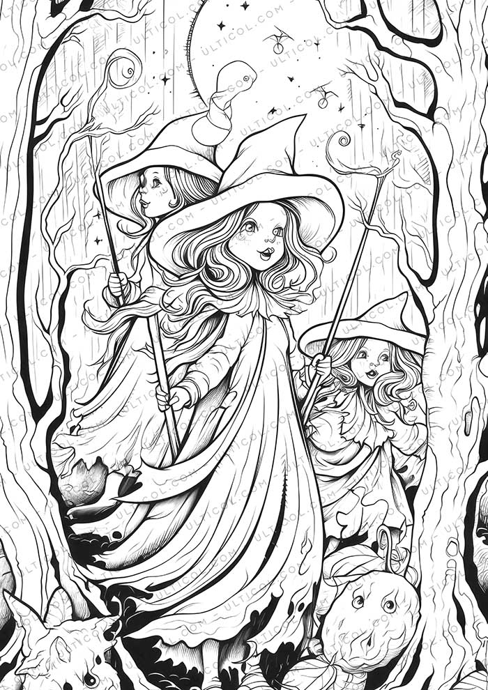 Witch Grayscale Coloring Pages