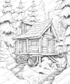 Winter House Grayscale Coloring Pages