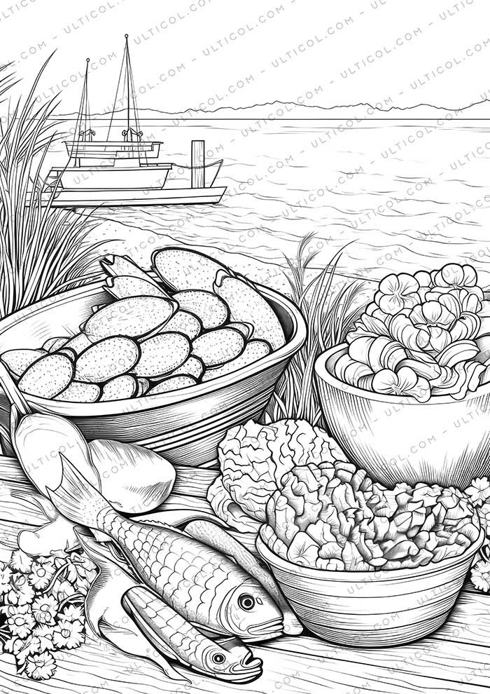 Seafood Feast Grayscale Coloring Pages