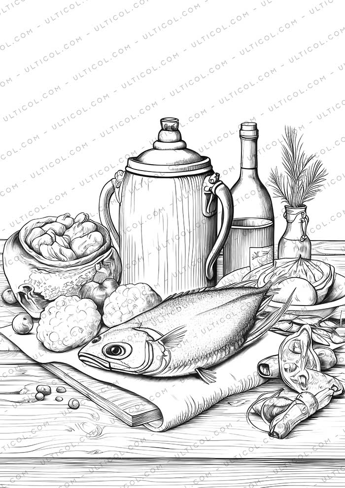 Seafood Feast Grayscale Coloring Pages