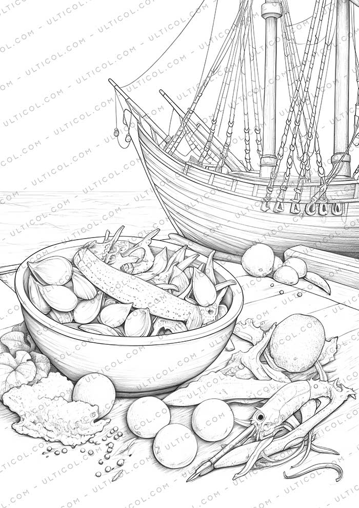 Seafood Feast Grayscale Coloring Pages