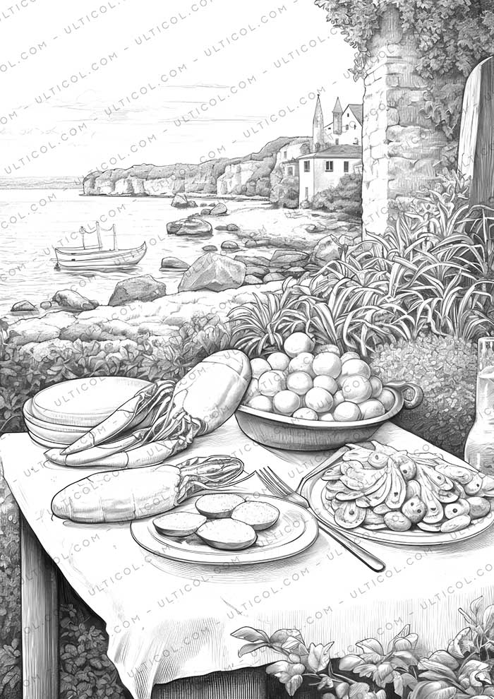 Seafood Feast Grayscale Coloring Pages