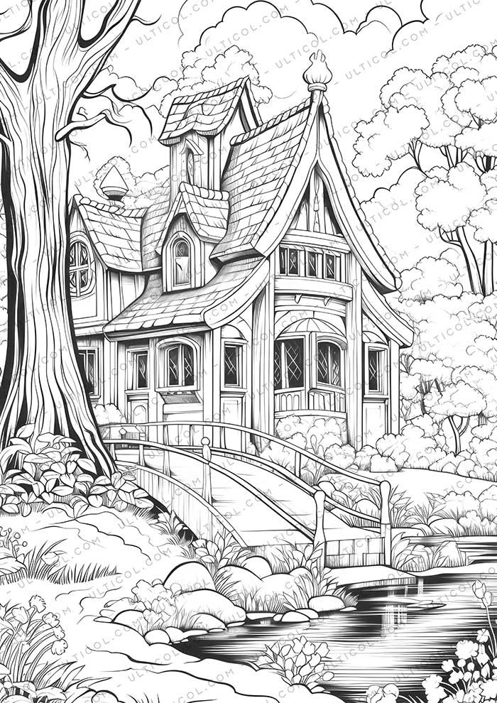 Classic House Grayscale Coloring Pages