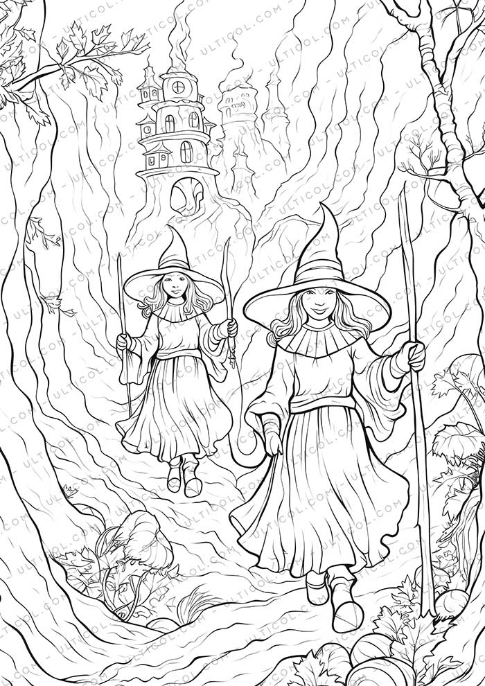 Witch Grayscale Coloring Pages