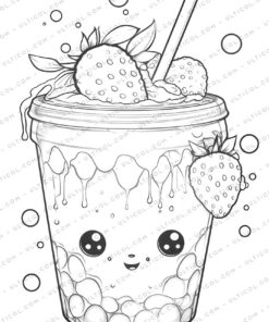Kawaii Boba Tea Grayscale Coloring Pages