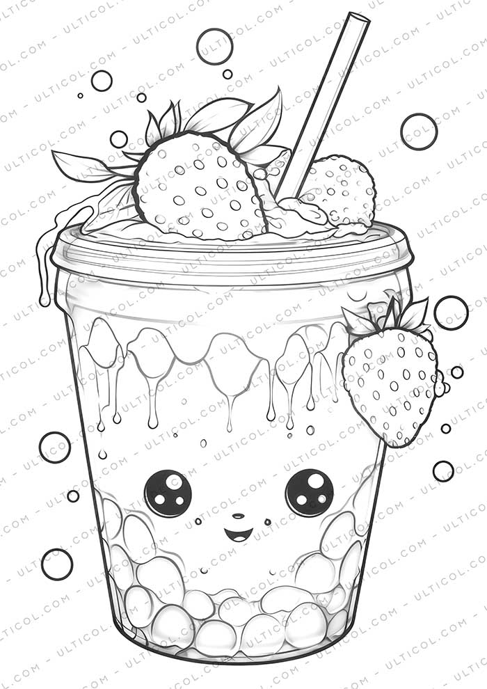 Kawaii Boba Tea Grayscale Coloring Pages