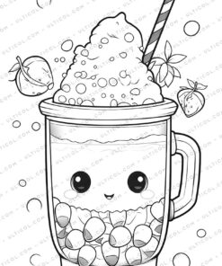 Kawaii Boba Tea Grayscale Coloring Pages