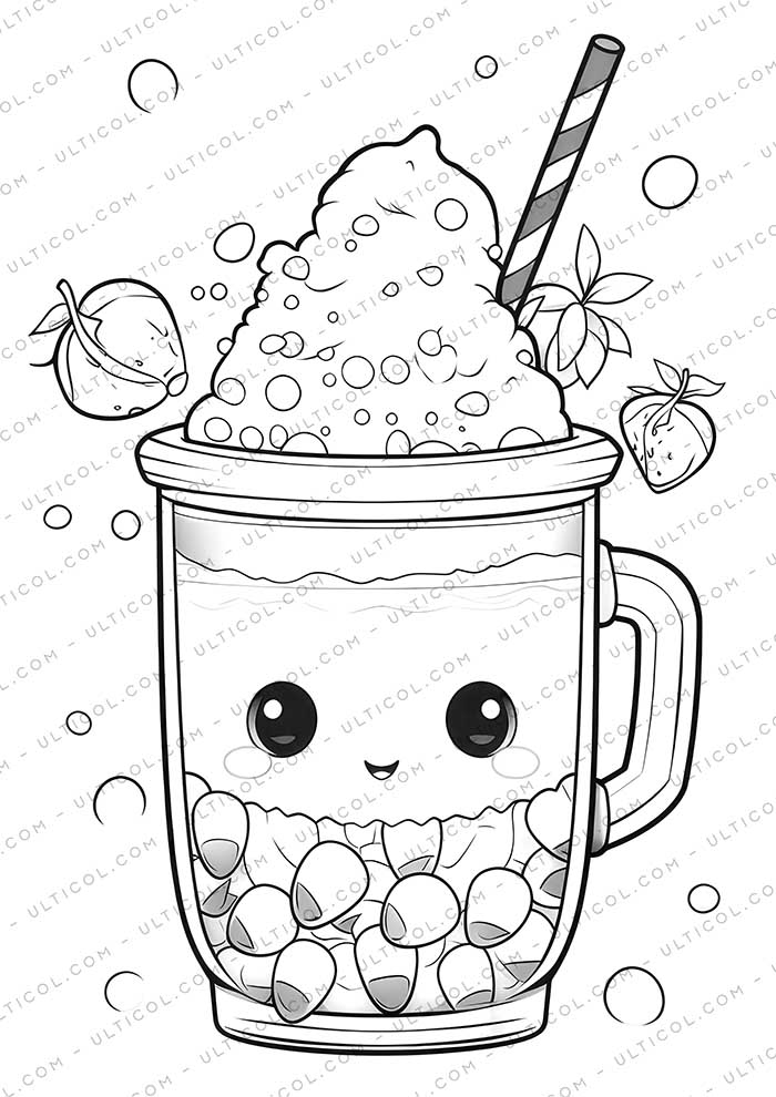 Kawaii Boba Tea Grayscale Coloring Pages