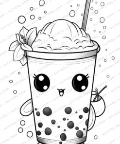 Kawaii Boba Tea Grayscale Coloring Pages