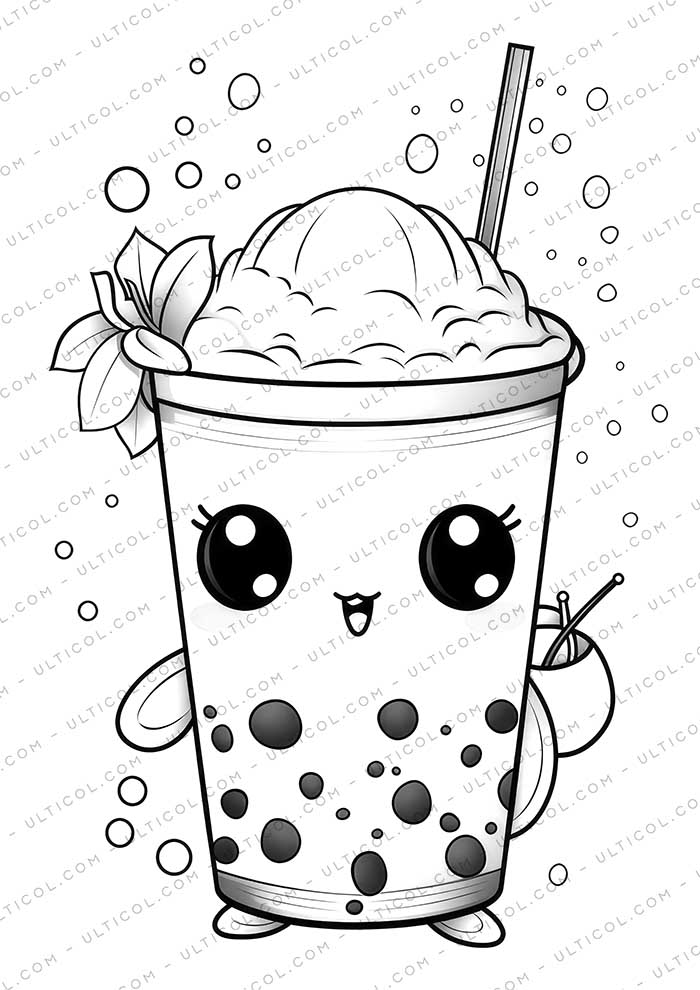 Kawaii Boba Tea Grayscale Coloring Pages