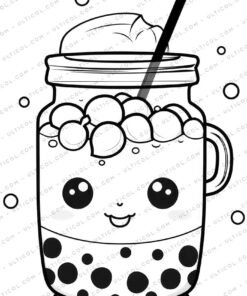 Cute Kawaii Boba Tea Grayscale Coloring Pages