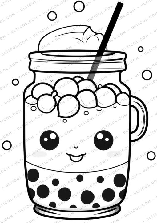 Cute Kawaii Boba Tea Grayscale Coloring Pages