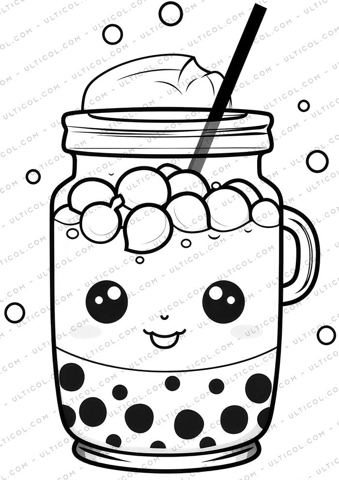 Cute Kawaii Boba Tea Grayscale Coloring Pages