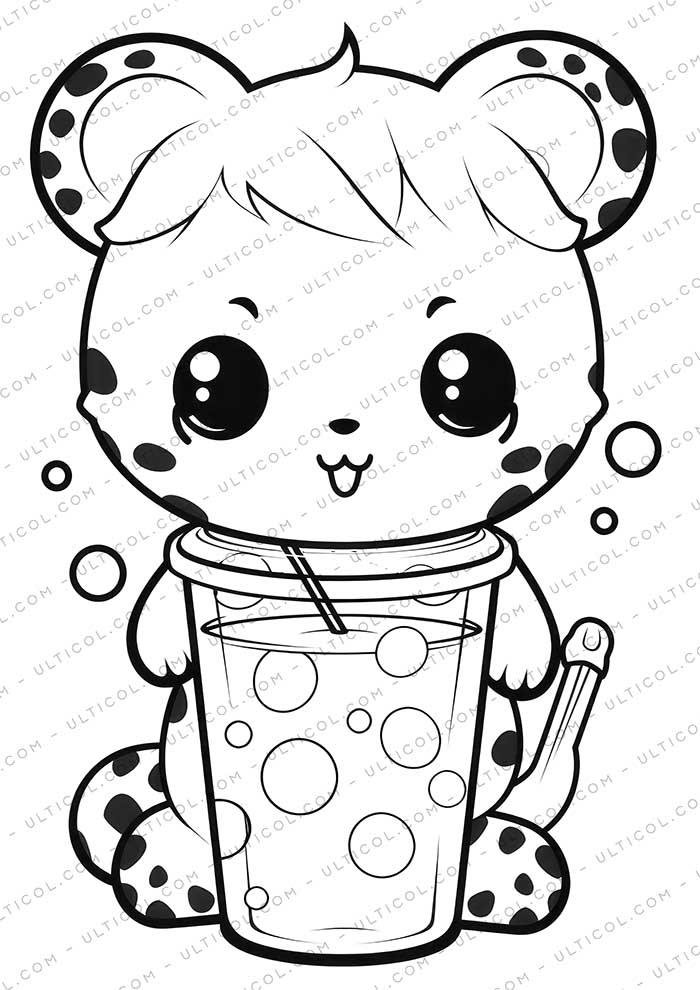 Cute Kawaii Boba Tea Grayscale Coloring Pages