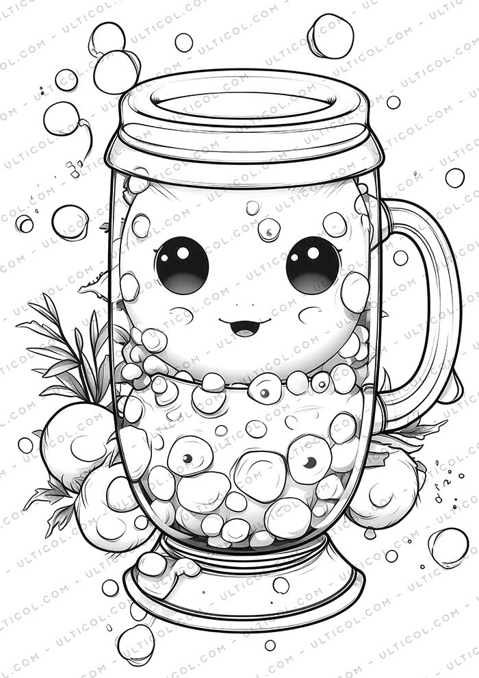 Cute Kawaii Boba Tea Grayscale Coloring Pages