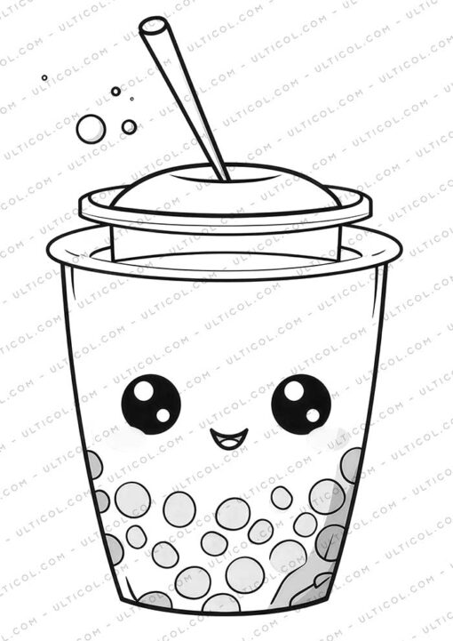 Cute Kawaii Boba Tea Grayscale Coloring Pages