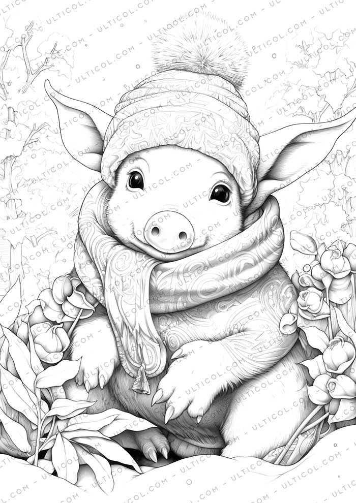 Cute Pig Grayscale Coloring Pages