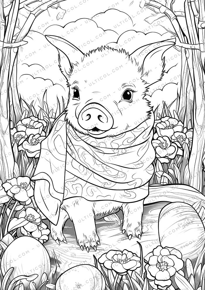 Cute Pig Grayscale Coloring Pages