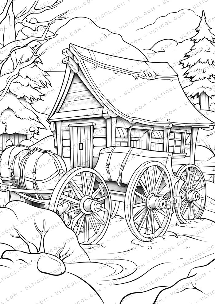 Winter House Grayscale Coloring Pages