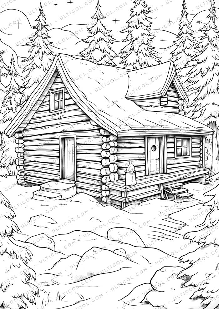 Winter House Grayscale Coloring Pages