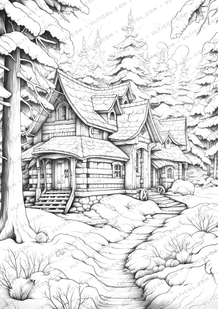 Winter House Grayscale Coloring Pages