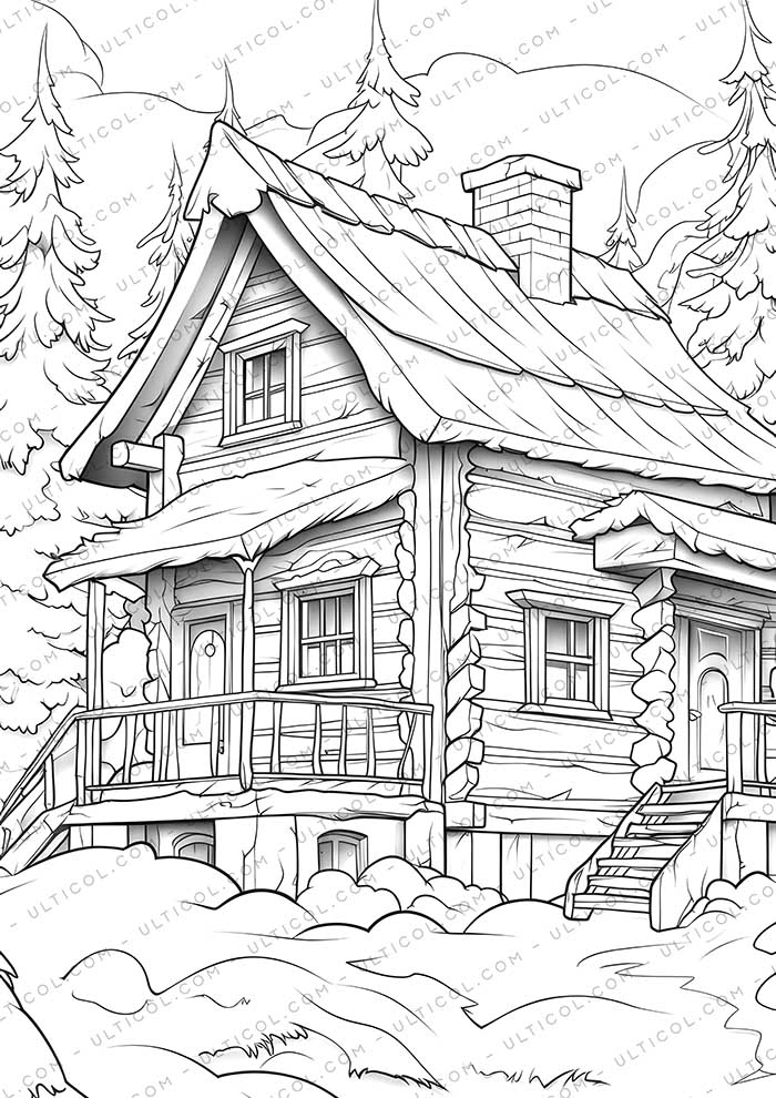 Winter House Grayscale Coloring Pages